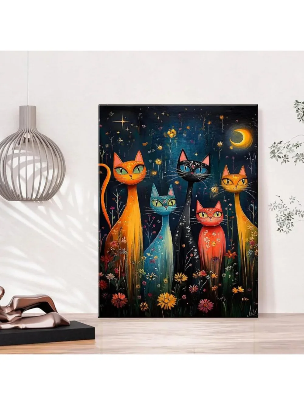 Colorful Cat Canvas Wall Art - Mystical Night Sky Decor for Bedroom & Dorm